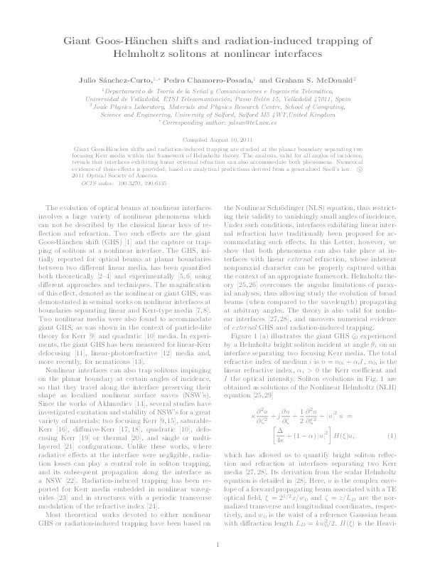 Giant Goos–Hänchen shifts and radiation-induced trapping of
Helmholtz solitons at nonlinear interfaces Thumbnail