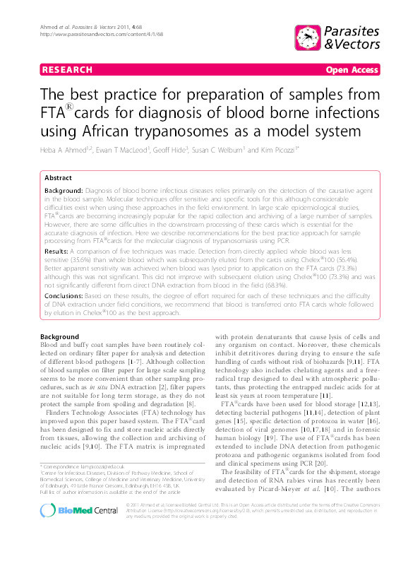 The best practice for preparation of samples from FTA®cards for diagnosis of blood borne infections using African trypanosomes as a model system Thumbnail