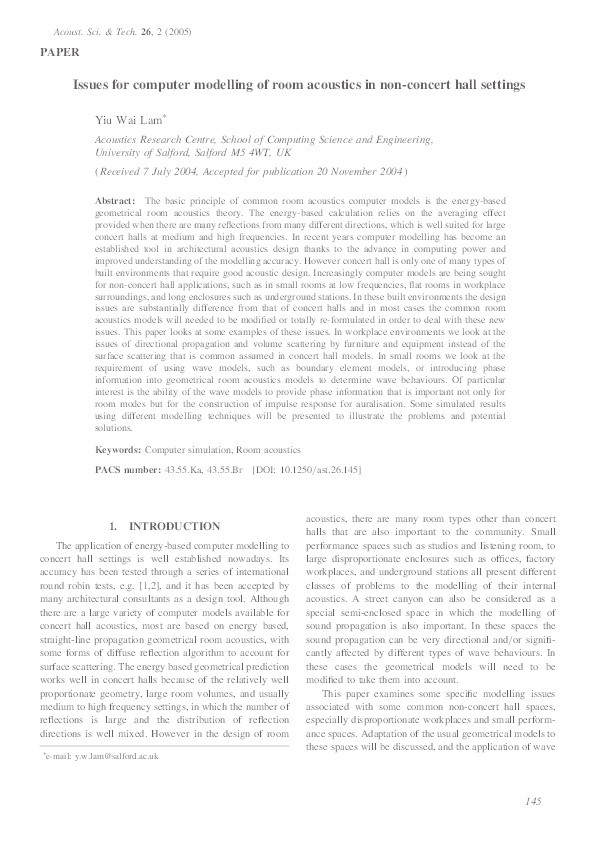Issues for computer modelling of room acoustics in non-concert hall settings Thumbnail