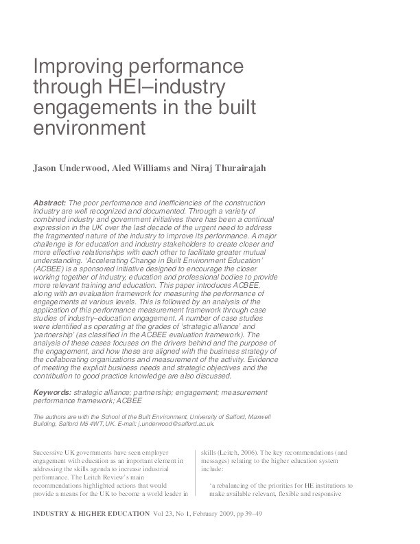 Improving performance through HEI–industry engagements in the built environment Thumbnail