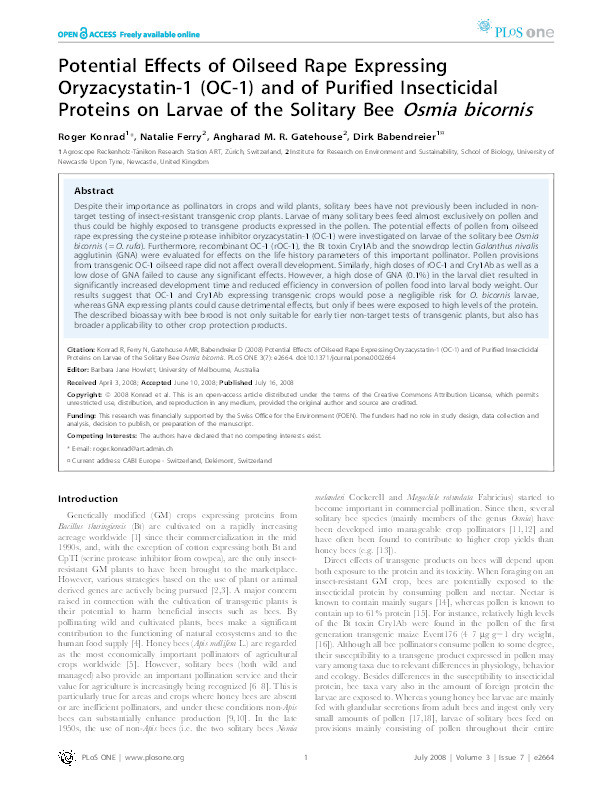 Potential effects of oilseed rape expressing oryzacystatin-1 (OC-1) and of purified insecticidal proteins on larvae of the solitary bee Osmia bicornis Thumbnail