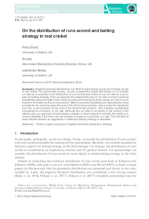 On the distribution of runs scored and batting strategy in test cricket Thumbnail