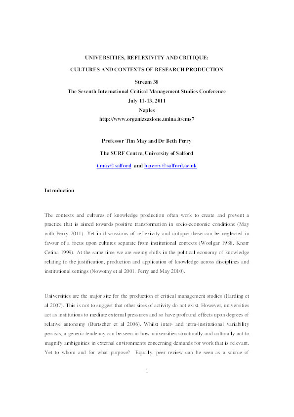 Universities, reflexivity and critique: cultures and contexts of research production Thumbnail