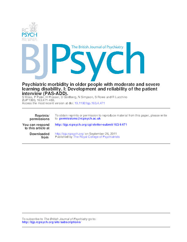 Psychiatric morbidity in older people with moderate and severe learning disability (mental retardation).  Part I:  development and reliability of the patient interview (the PAS-ADD) Thumbnail