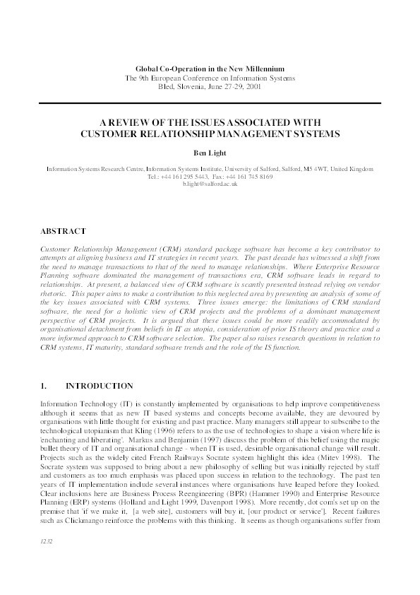 A review of the issues associated with customer relationship management systems in Smithson S, Cricar J, Podlogar M and Avgerinou S (Eds) Thumbnail