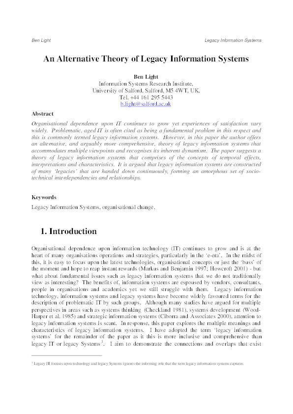 An alternative theory of legacy information systems in Ciborra C, Mercurio R, De Marco M, Martinez M and Carignani A (Eds) Thumbnail