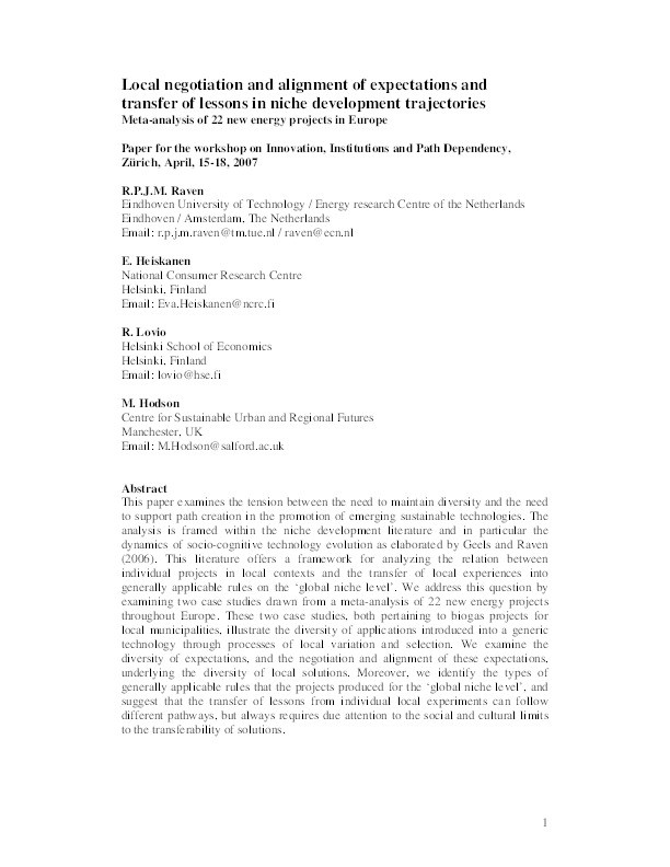 Local negotiation and alignment of expectations and interlocal transfer of lessons in niche development trajectories : meta-analysis of 22 new energy projects in Europe Thumbnail