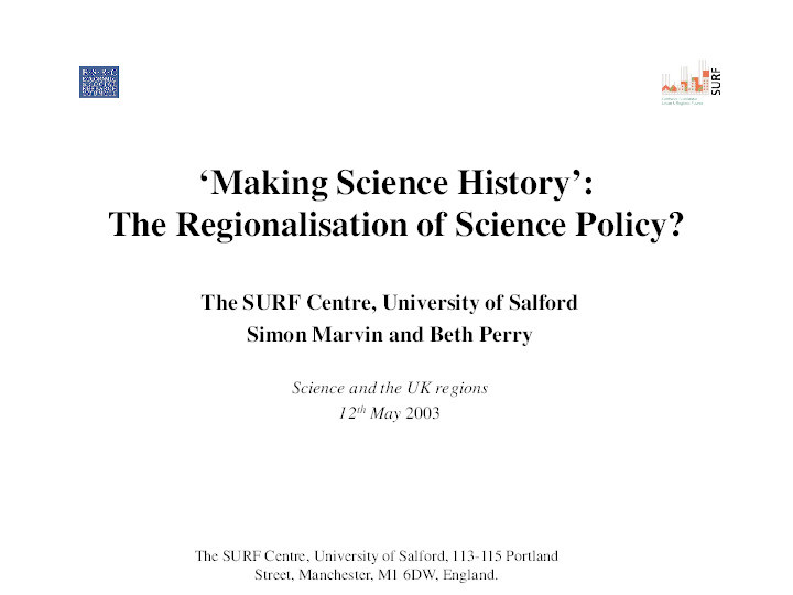 Making science history : the regionalisation of science policy? Thumbnail
