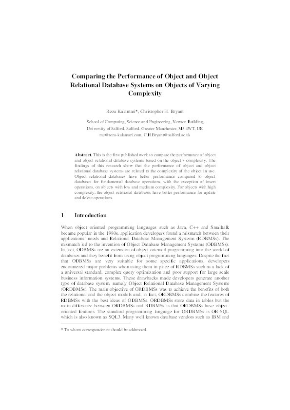 Comparing the performance of object and object relational database systems on objects of varying complexity Thumbnail