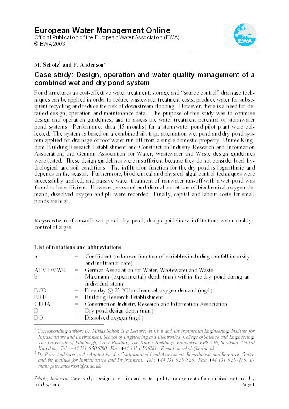Case study: design, operation and water quality management of a combined wet and dry pond system Thumbnail