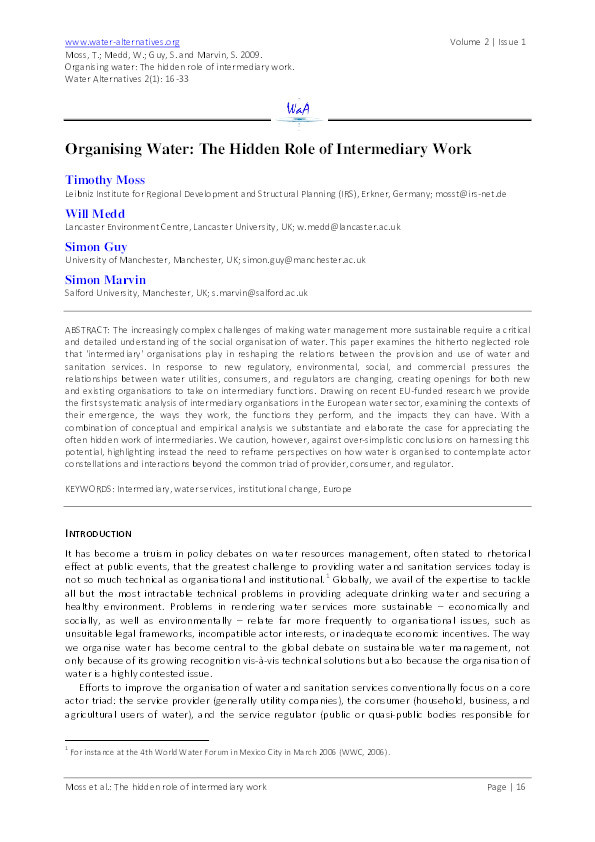 Organising water: The hidden role of intermediary work Thumbnail