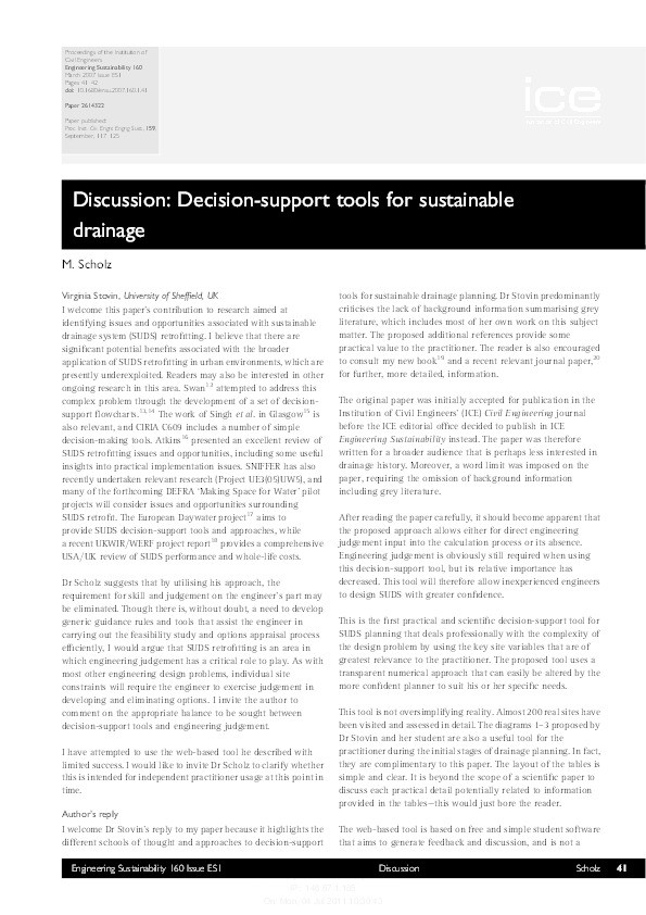 Discussion: Decision-support tools for sustainable drainage Thumbnail