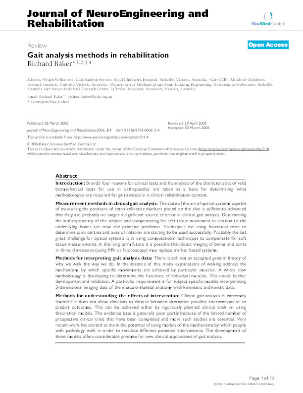 Gait analysis methods in rehabilitation Thumbnail