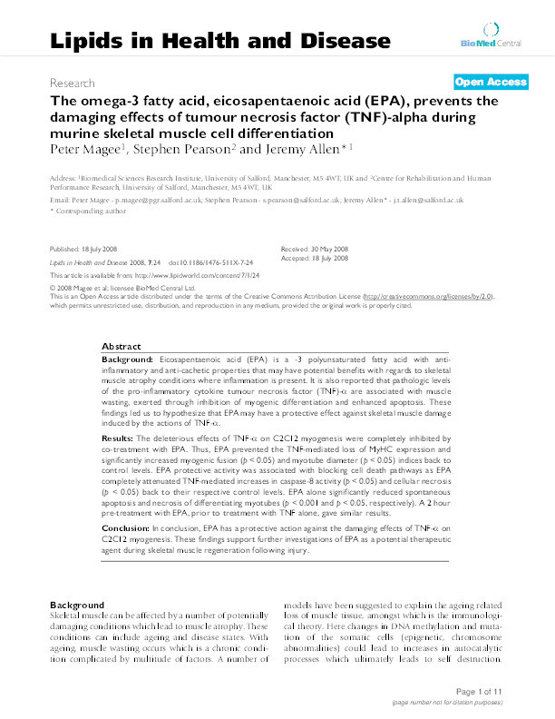 The omega-3 fatty acid, eicosapentaenoic acid (EPA), prevents the damaging effects of tumour necrosis factor (TNF)-alpha during murine skeletal muscle cell differentiation Thumbnail