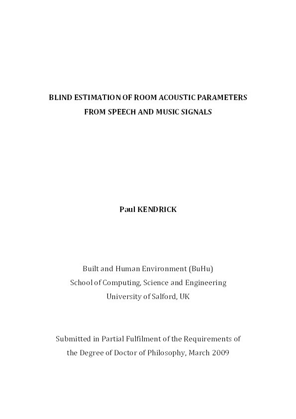 Blind estimation of room acoustic parameters from speech and music signals Thumbnail