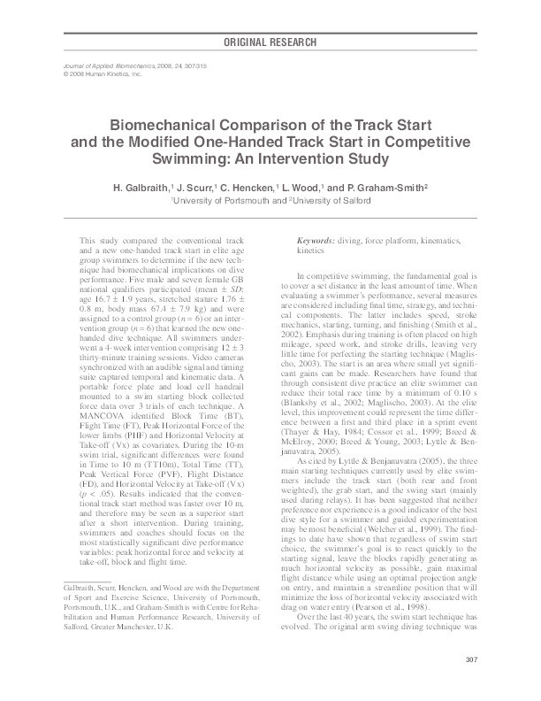 Biomechanical comparison of the track start and the modified one-handed track start in competitive swimming: an intervention study Thumbnail