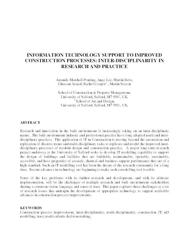 Information technology support to improved construction processes: Inter-disciplinarity in research and practice Thumbnail
