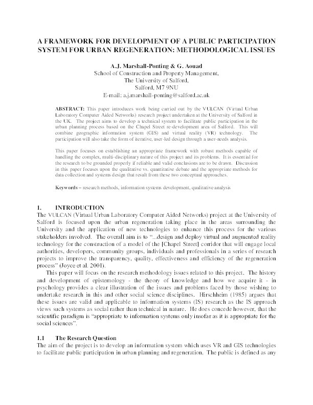 A framework for development of a public participation system for urban regeneration Thumbnail