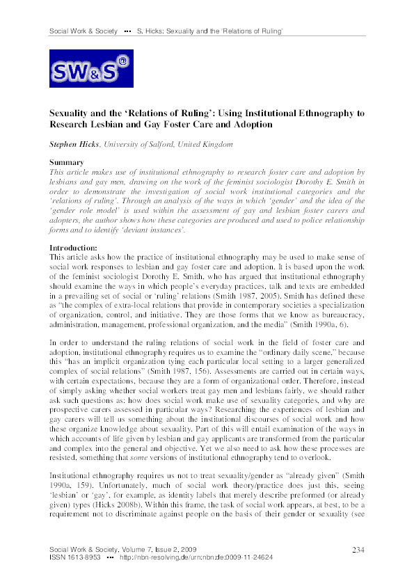 Sexuality and the ‘relations of ruling’ : using institutional ethnography to research lesbian and gay foster care and adoption Thumbnail