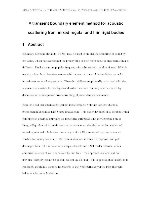 A transient boundary element method for acoustic scattering from mixed regular and thin rigid bodies Thumbnail