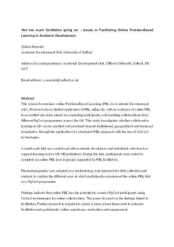 'Not too much facilitation going on' - issues in facilitating online problem-based learning in academic development Thumbnail