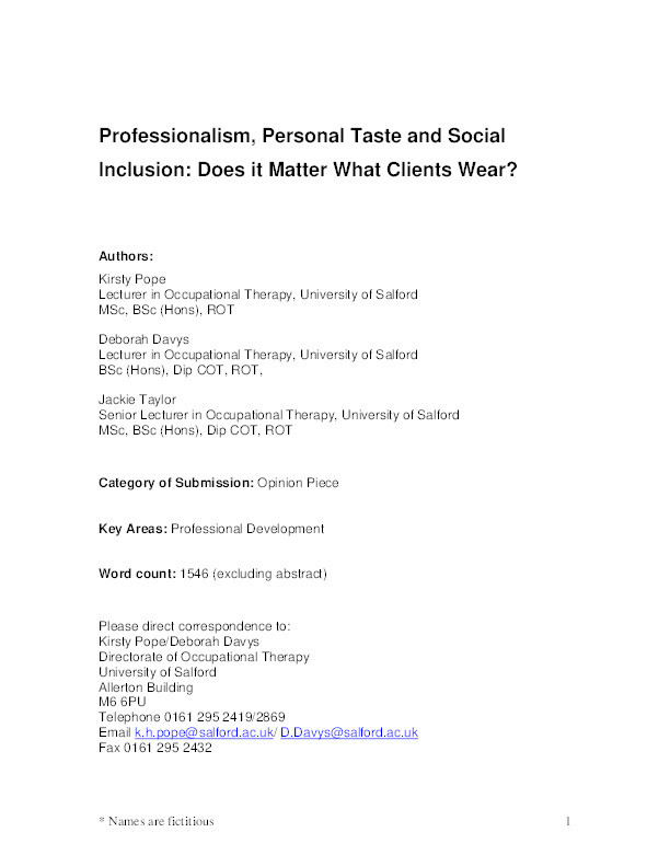 Professionalism, personal taste and social inclusion : does it matter what clients wear? Thumbnail