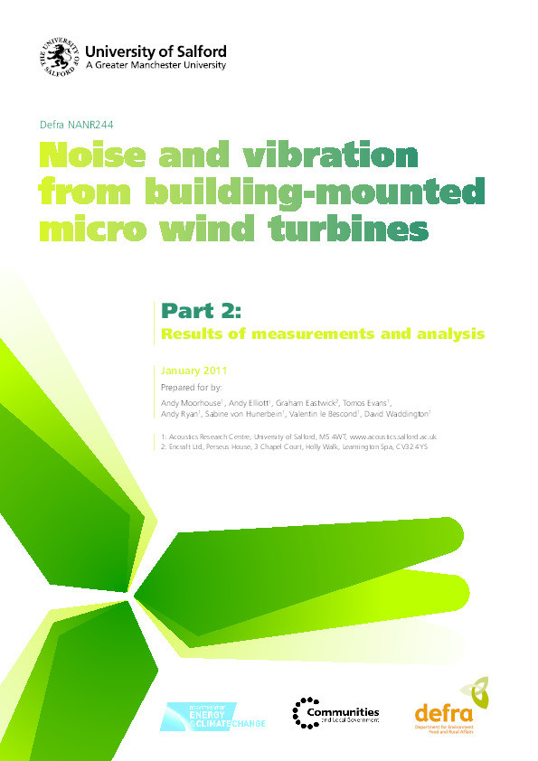 Noise and vibration from building-mounted micro wind turbines
Part 2: Results of measurements and analysis Thumbnail
