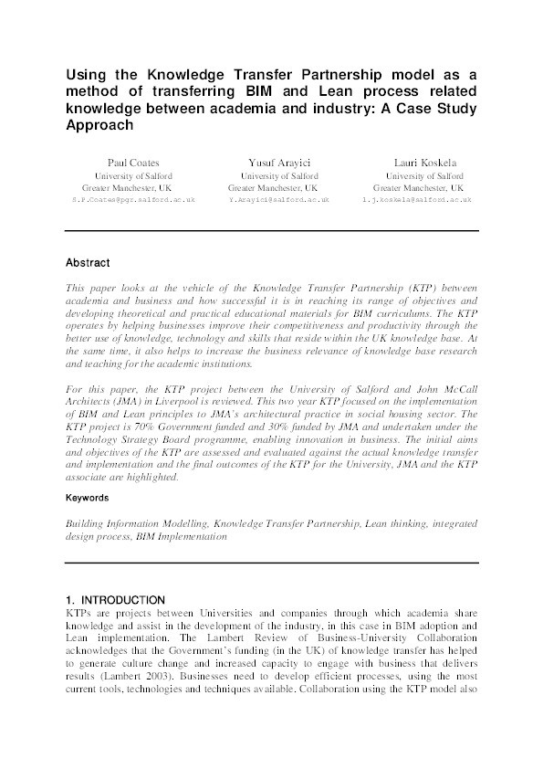 Using the knowledge transfer partnership model as a method of transferring BIM and lean process related knowledge between academia and industry: A case study approach Thumbnail