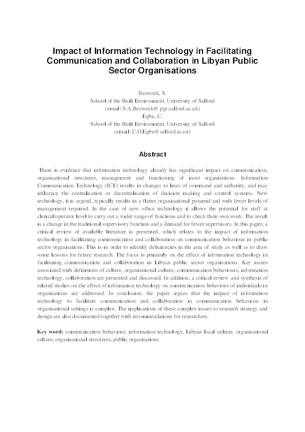 The impact of information technology to facilitate communication and collaboration in Libyan public organisations Thumbnail