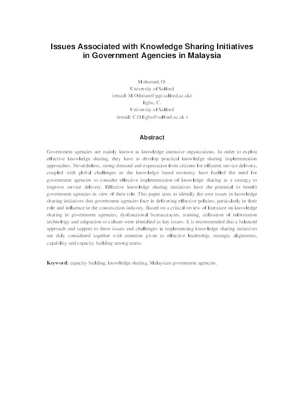 Issues associated with knowledge sharing initiatives in government agencies in Malaysia Thumbnail