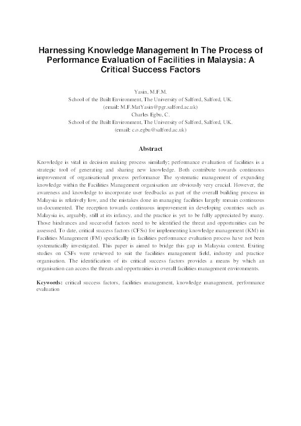 Harnessing knowledge management in the process of performance evaluation of facilities in Malaysia: A critical success factor Thumbnail