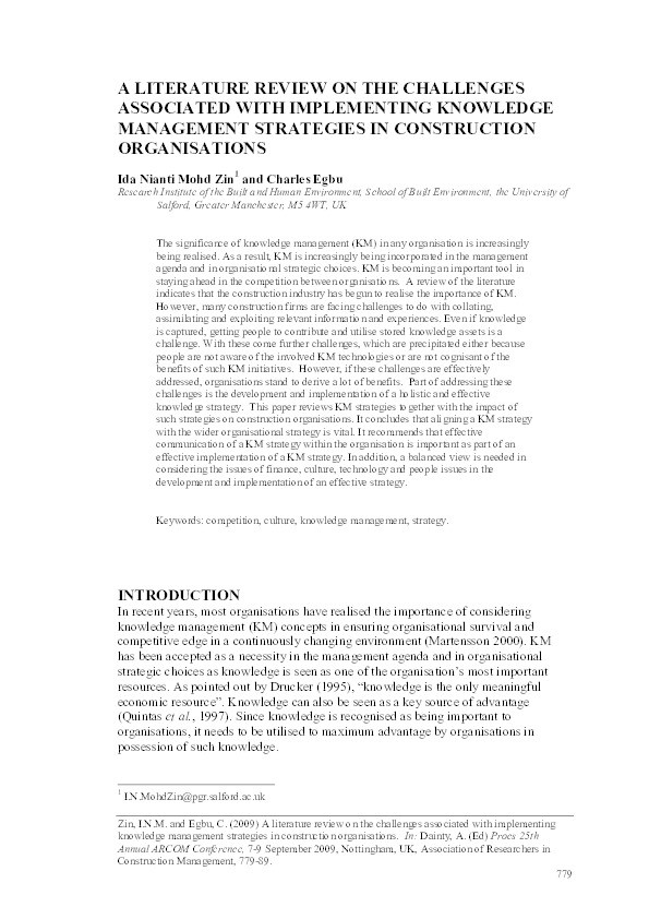 A literature review on the challenges associated with implementing knowledge management strategies in construction organisations Thumbnail