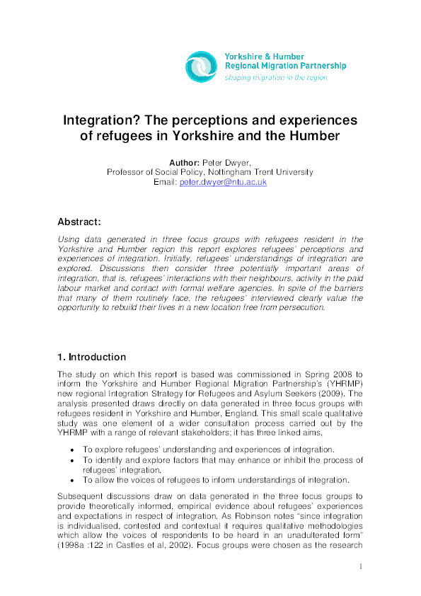 Integration? The perceptions and experiences of refugees in Yorkshire and the Humber Thumbnail