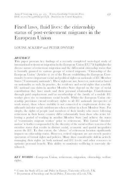 Fixed laws, fluid lives: the citizenship status of post-retirement migrants in the European Union Thumbnail