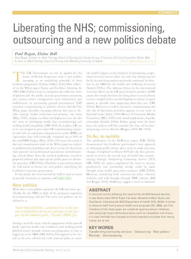 Liberating the NHS; commissioning, outsourcing and a new politics debate Thumbnail