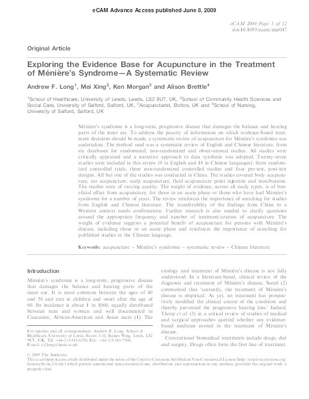 Exploring the evidence base for acupuncture in the treatment
of Meniere’s Syndrome — A systematic review Thumbnail