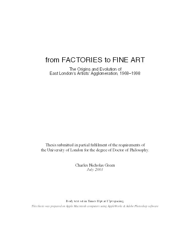From factories to fine art - the origins and evolution of East London's artists' agglomeration, 1968-1998 Thumbnail