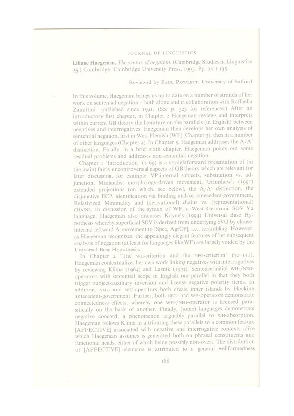 Review of Liliane Haegeman (1995) The syntax of negation. (Cambridge studies in linguistics, vol. 75. Cambridge University Press.) Thumbnail