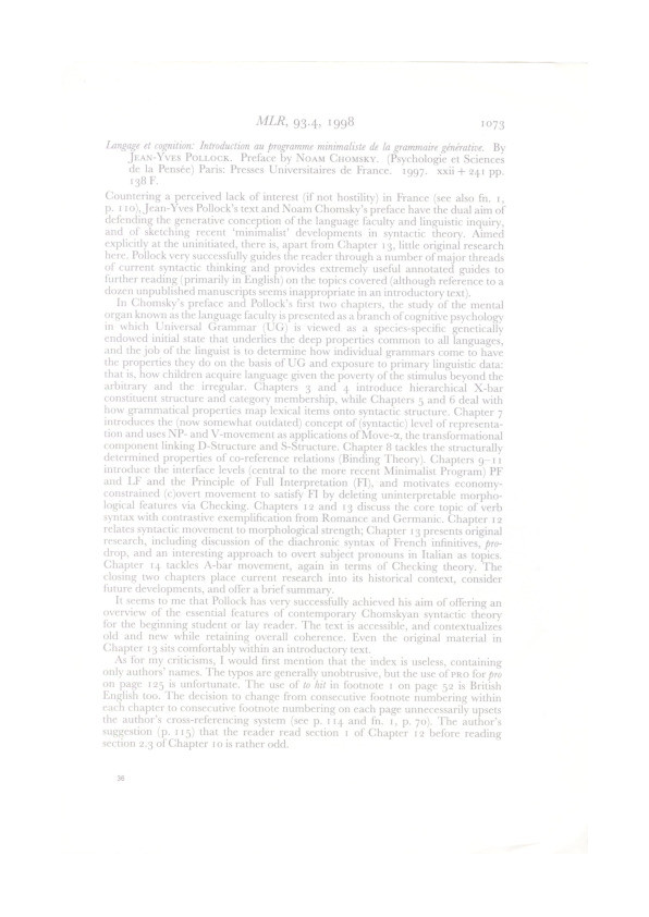 Review of Jean-Yves Pollock (1997) Langage et cognition. (Psychologies et sciences de la pensée. Paris: Presses Universitaires de France.) Thumbnail