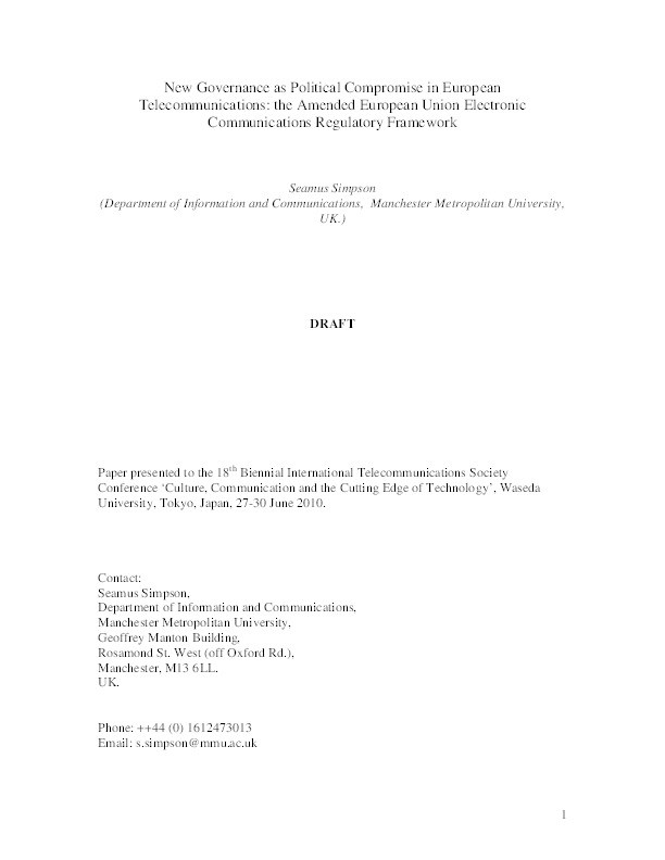 New governance as political compromise in European telecommunications: the amended European Union electronic communications regulatory framework Thumbnail