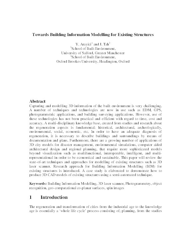 Towards building information modelling for existing structures Thumbnail