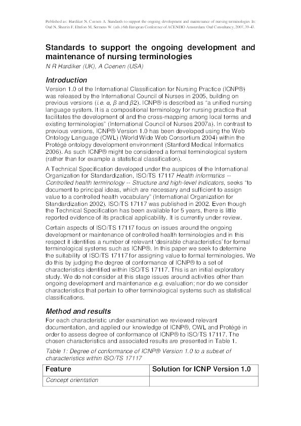 Standards to support the ongoing development and maintenance of nursing terminologies Thumbnail