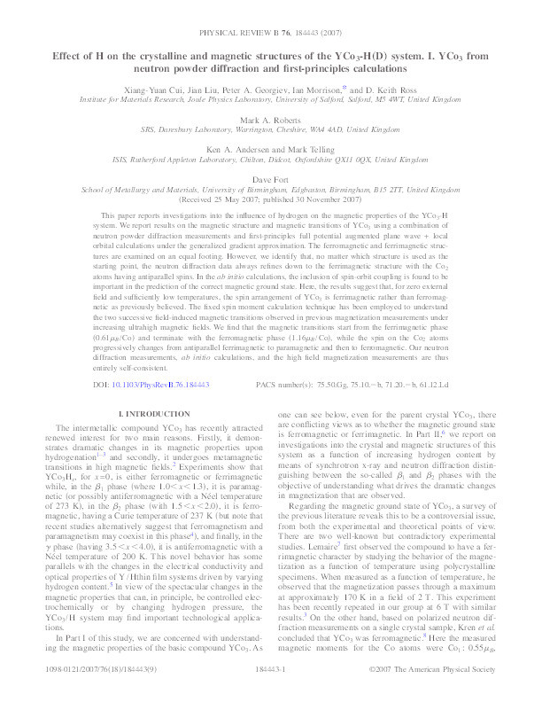 Effect of H on the crystalline and magnetic structures of the YCo3-H(D) system. I. YCo3 from
neutron powder diffraction and first-principles calculations Thumbnail