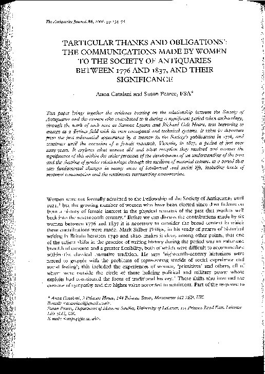 Particular thanks and obligations’: The communications made by women to the society of antiquaries between 1776 and 1837, and their significance Thumbnail