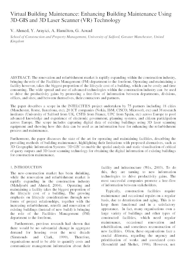 Virtual building maintenance: Enhancing building maintenance using 3D-GIS and 3D laser scanner (VR) technology Thumbnail