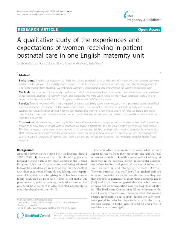 A qualitative study of the experiences and expectations of women receiving in-patient postnatal care in one English maternity unit Thumbnail