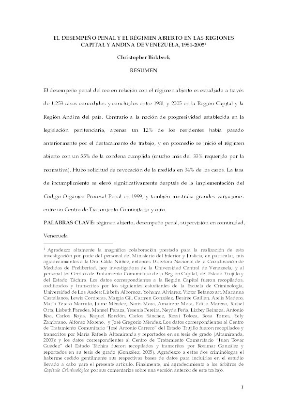 El desempeño penal y el régimen abierto en las regiones Capital y Andina de Venezuela, 1981-2005. (Penal performance in open prisons in the Capital and Andean regions of Venezuela, 1981-2005.) Thumbnail