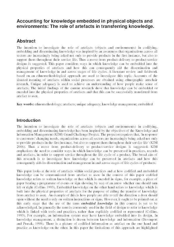 Accounting for knowledge embedded in physical objects and environments : the role of artefacts in transferring knowledge Thumbnail