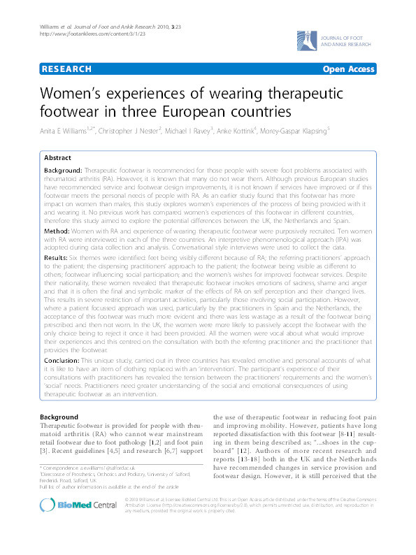 Women’s experiences of wearing therapeutic footwear in three European countries Thumbnail