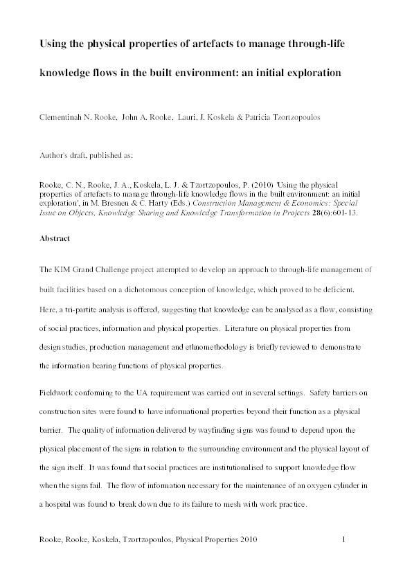 Using the physical properties of artefacts to manage through-life knowledge flows in the built environment : an initial exploration Thumbnail